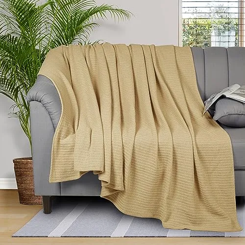 AAVNI HOMES Cotton Blanket King Size Beige Color Classic Weave Summer Blankets Ultra Soft Lightweight Breathable All Season Thermal Blankets King Size Blankets for Bed Sofa Couch - 90 x 108 Inches