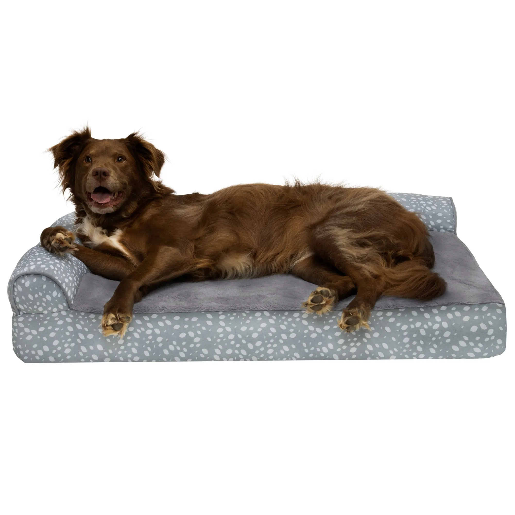 Deluxe Chaise Lounge Dog Bed - Plush Faux Fur & Almond Print