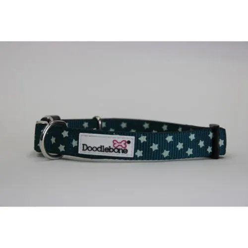 Doodlebone Padded Pattern Dog Collar Teal Stars Glow in the Dark Size 3-6