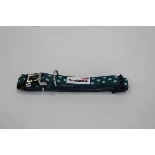 Doodlebone Padded Pattern Dog Collar Teal Stars Glow in the Dark Size 3-6