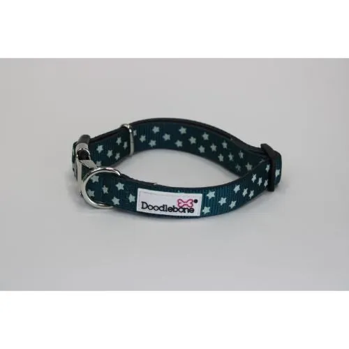 Doodlebone Padded Pattern Dog Collar Teal Stars Glow in the Dark Size 3-6