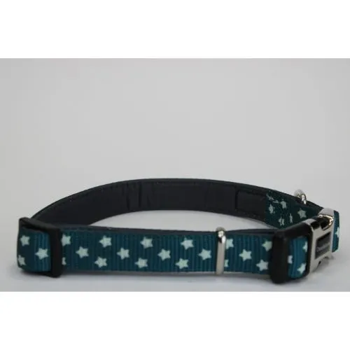 Doodlebone Padded Pattern Dog Collar Teal Stars Glow in the Dark Size 3-6