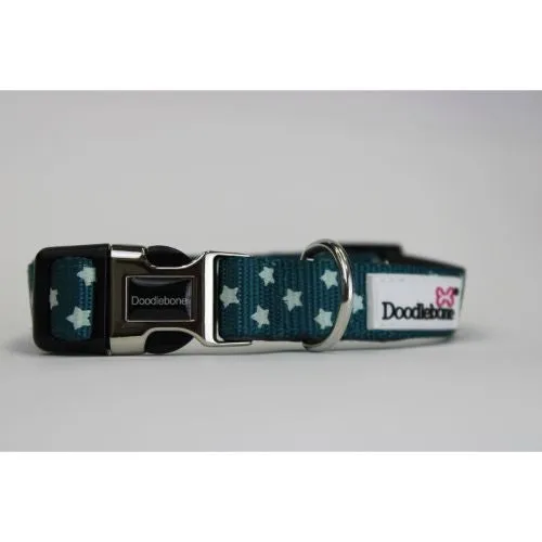 Doodlebone Padded Pattern Dog Collar Teal Stars Glow in the Dark Size 3-6