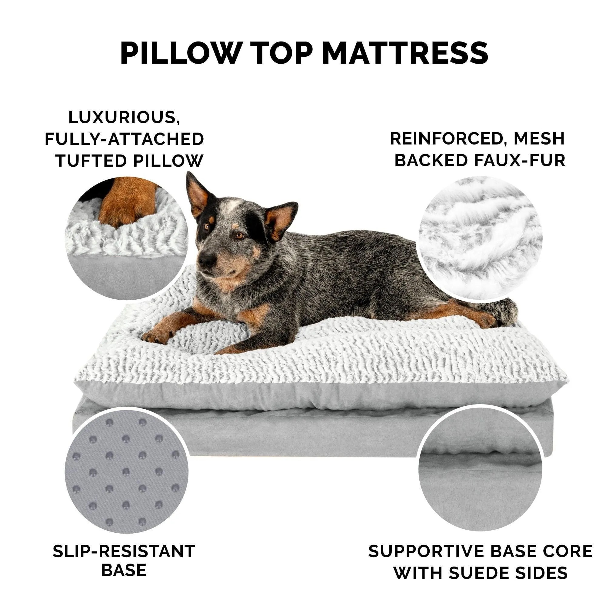 FurHaven Pet Products Embossed Faux Fur & Suede Orthopedic Pillow Top Mattress Pet Bed for Dogs & Cats - Gray, Large