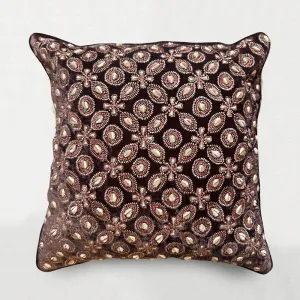 Gujarat Embroidered Silk Velvet Cushion in Brown