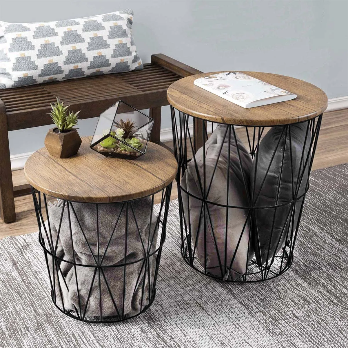 INTERIOR HANDICRAFT Metal Wire Basket and Wooden Top Nesting Coffee Table Set of 2, Black