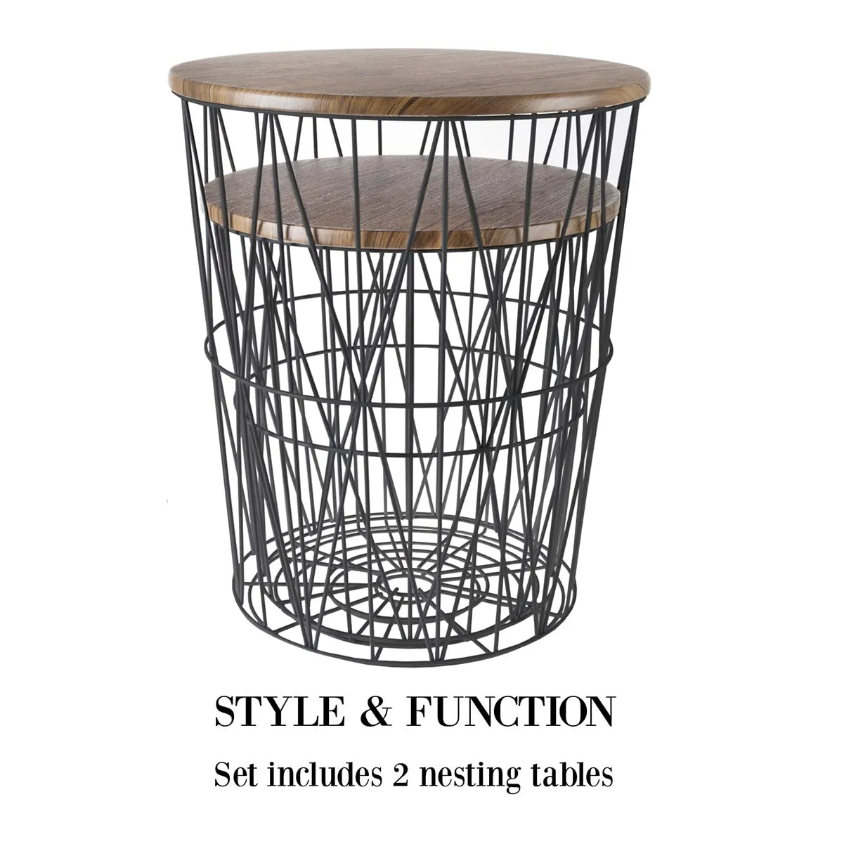 INTERIOR HANDICRAFT Metal Wire Basket and Wooden Top Nesting Coffee Table Set of 2, Black