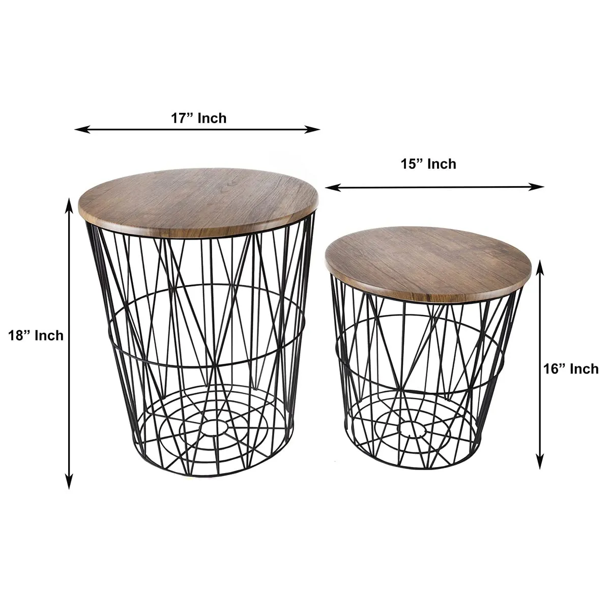 INTERIOR HANDICRAFT Metal Wire Basket and Wooden Top Nesting Coffee Table Set of 2, Black