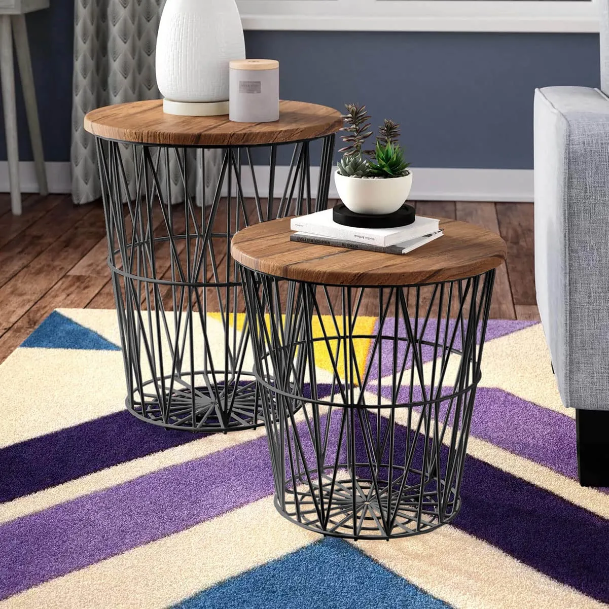 INTERIOR HANDICRAFT Metal Wire Basket and Wooden Top Nesting Coffee Table Set of 2, Black