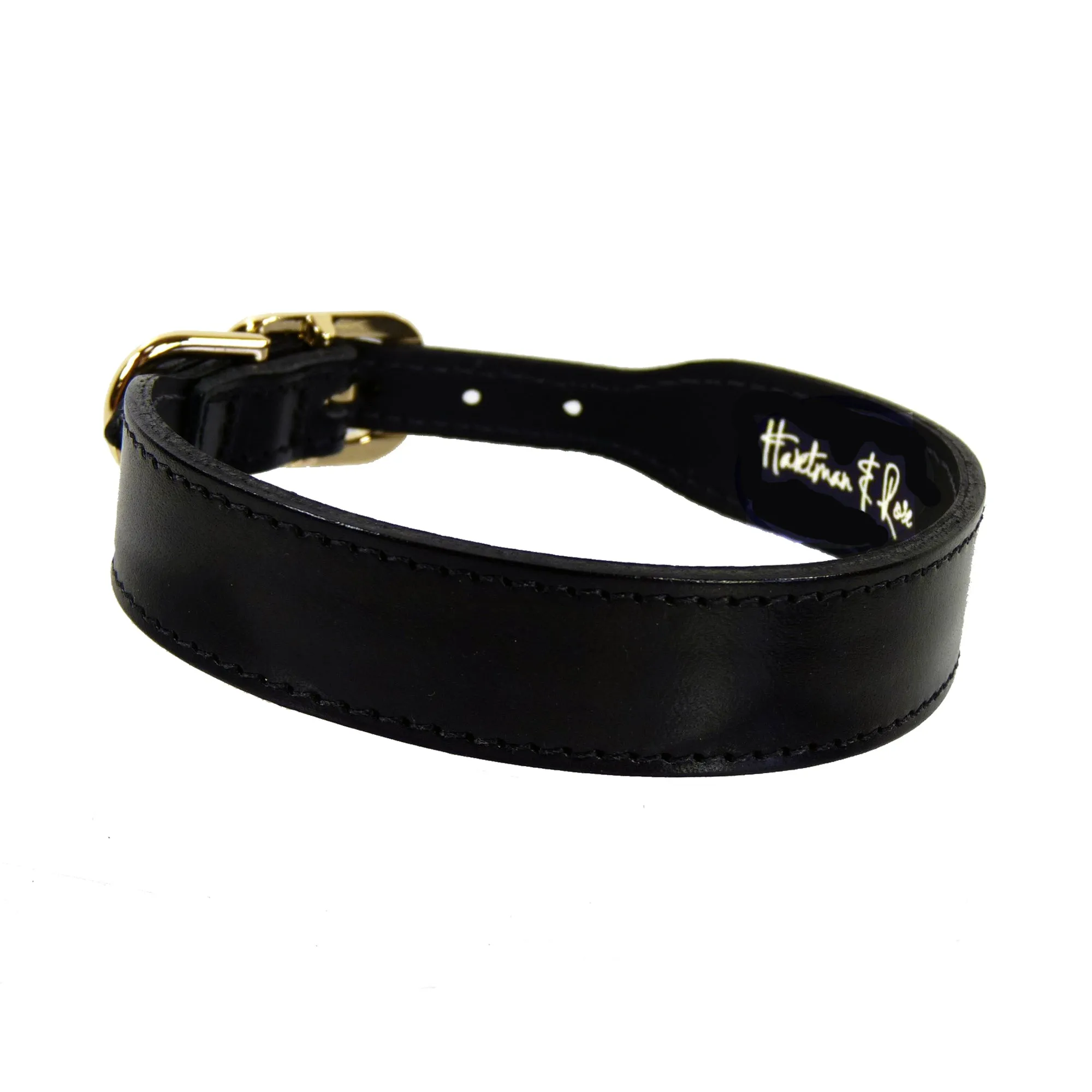 Italian Black Leather Dog Collar in Gold