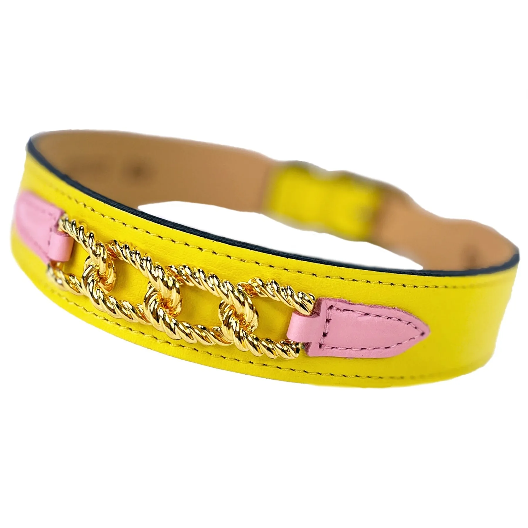 Mayfair Dog Collar in Canary Yellow, Sweet Pink & Gold