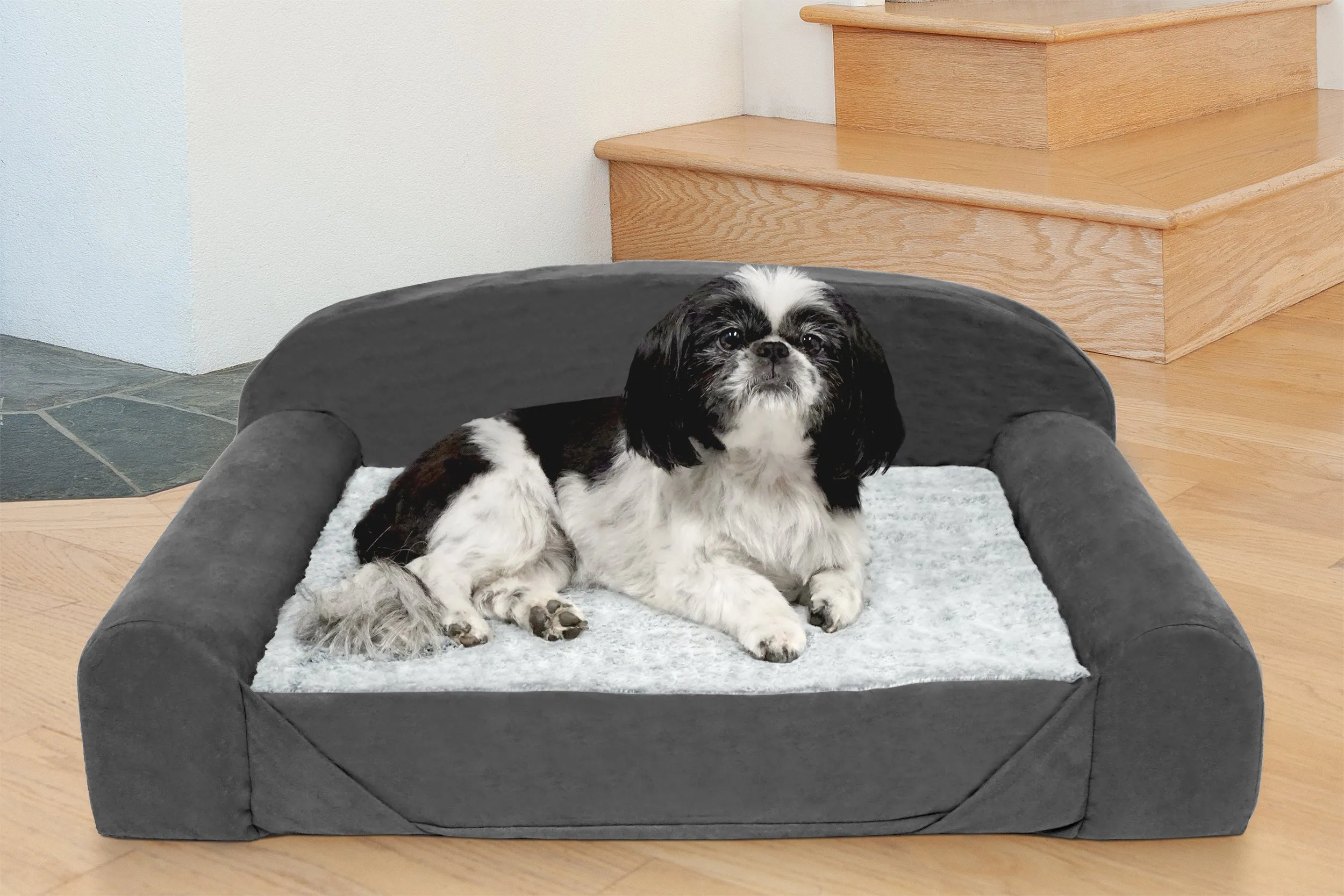 Sofa Dog Bed - Faux Fur & Backed Suede Orthopedic Luxury Edition